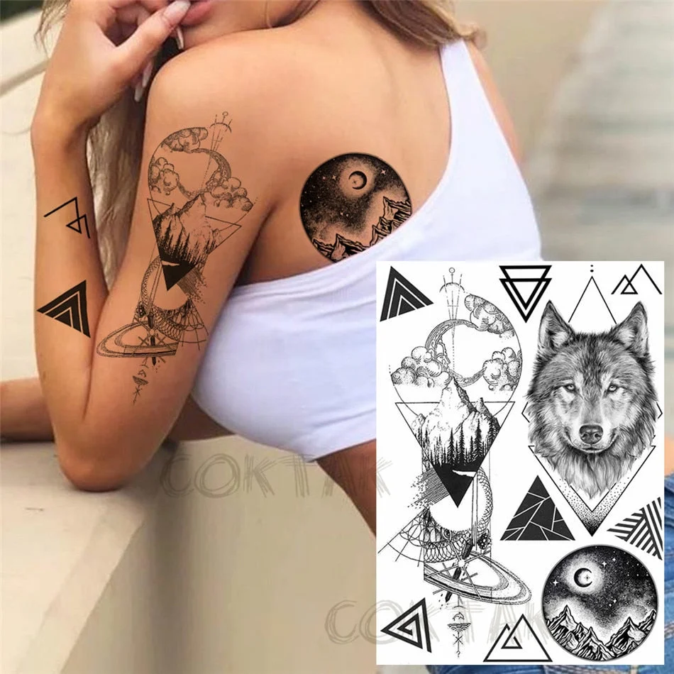 Creative Space Temporary Tattoos For Men Women Astronaut Planets Fake Chains Tatoos Temporary Black Mountain DIY Tatoo Geometric