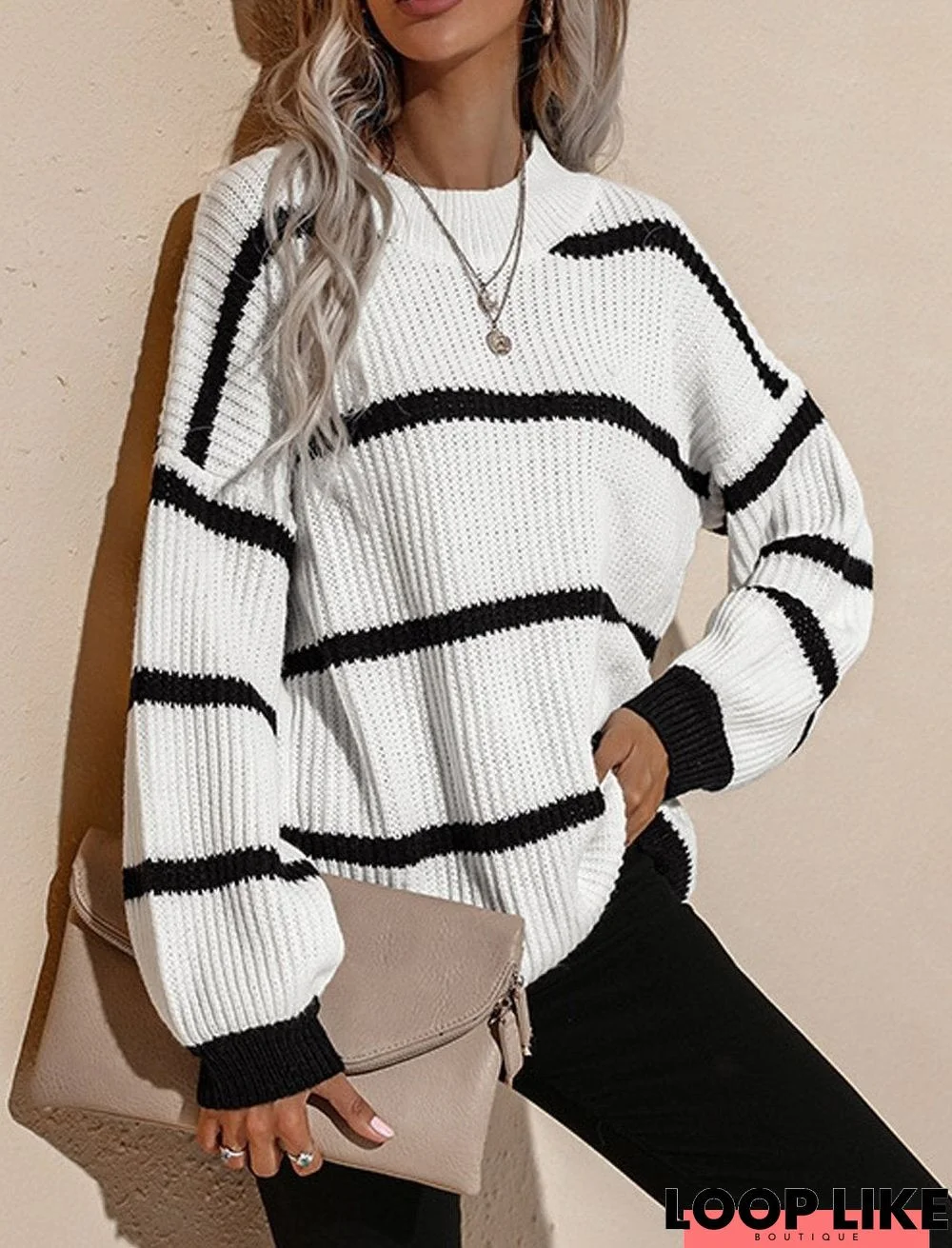 Round Neck Retro Loose Striped Pullover Knitted Sweater