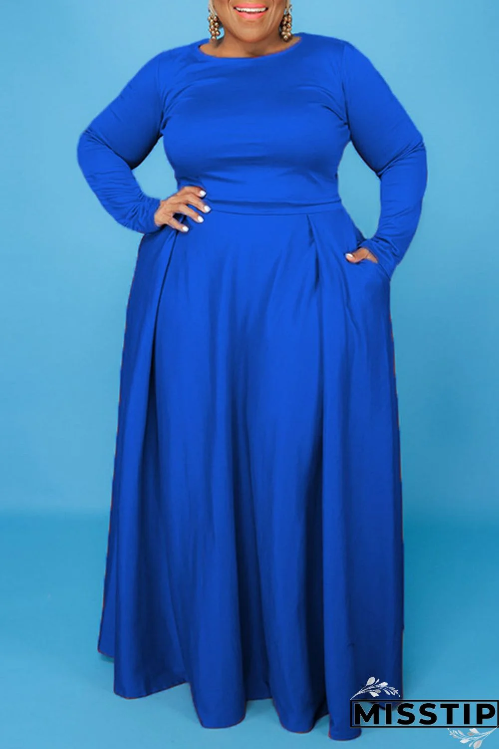 Blue Fashion Casual Solid Patchwork O Neck Plus Size Two Pieces