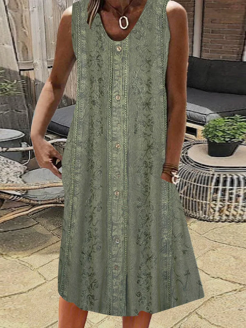 Women's Green V-Neck Sleeveless Floral Printed Midi Dress