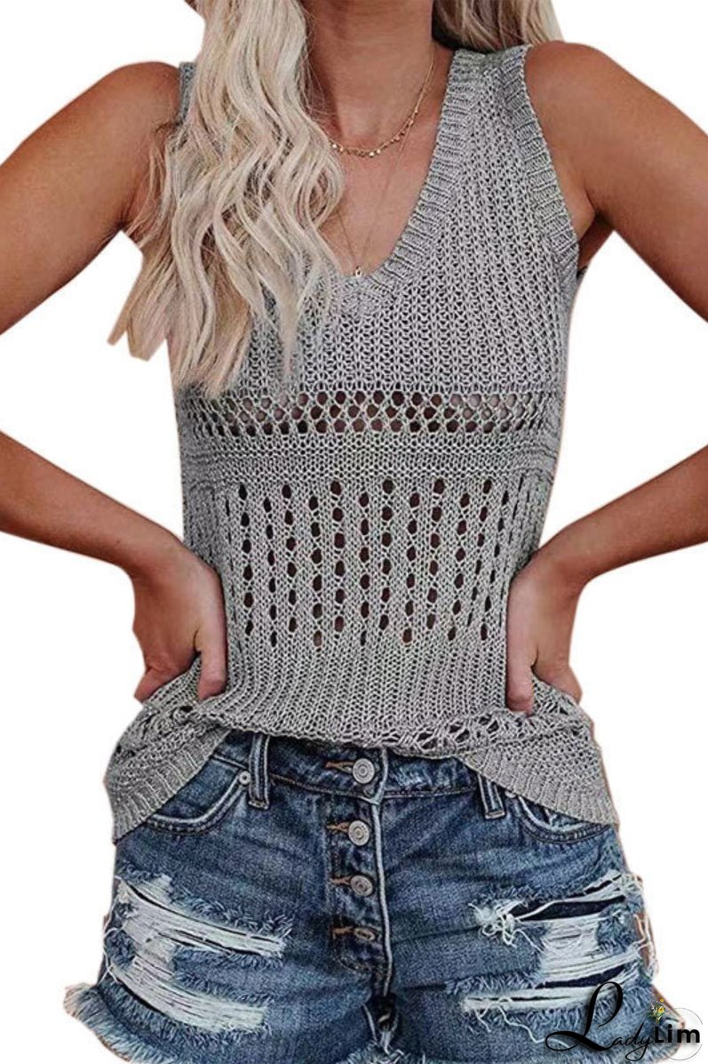 V Neck Sleeveless Hollow Out Knit Vest（2 Colors）