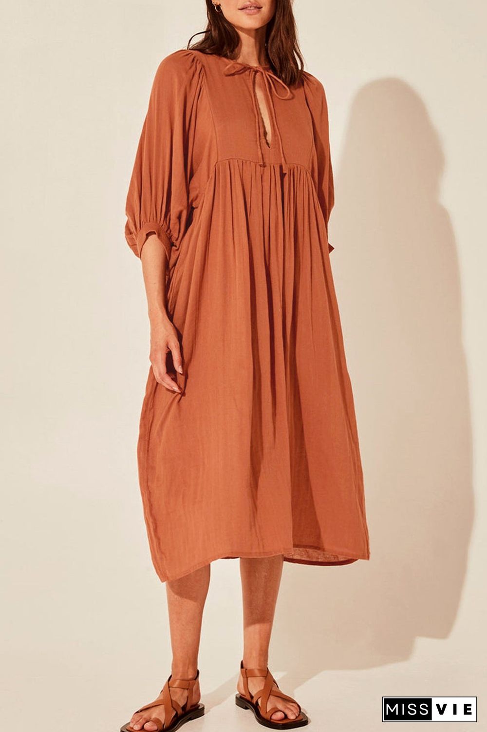 Casual Daily Solid Fold O Neck Pleated Dresses