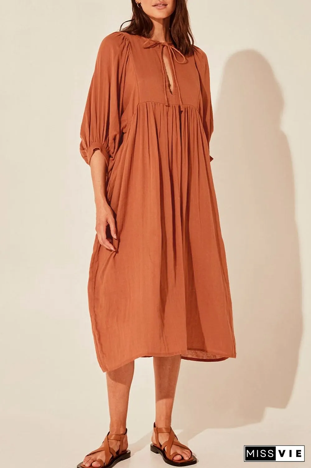 Casual Daily Solid Fold O Neck Pleated Dresses