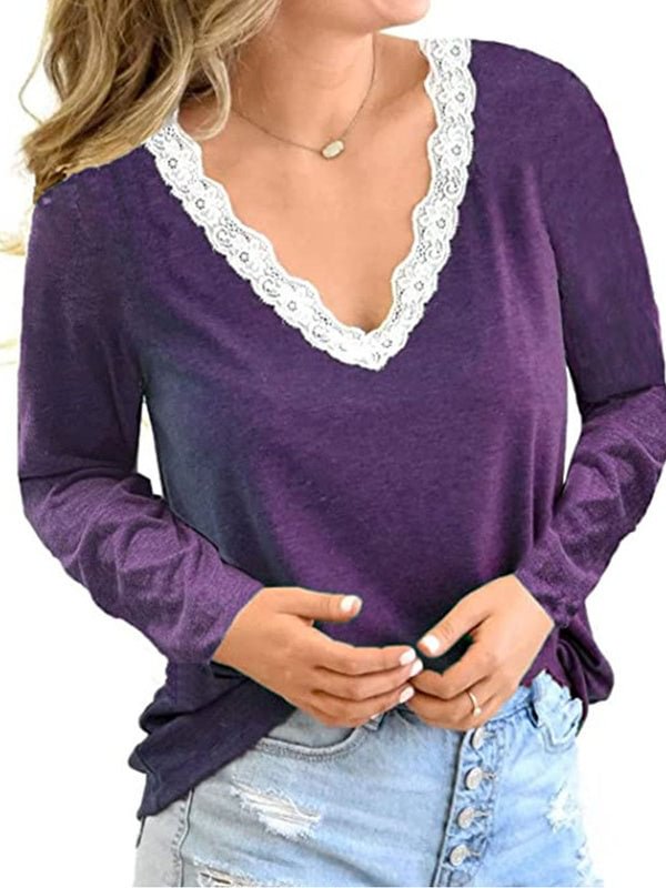 Women Long Sleeve V-neck Solid Color Tops