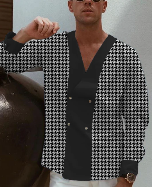 Okaywear Casual Houndstooth Double Breasted V Neck Shirt 