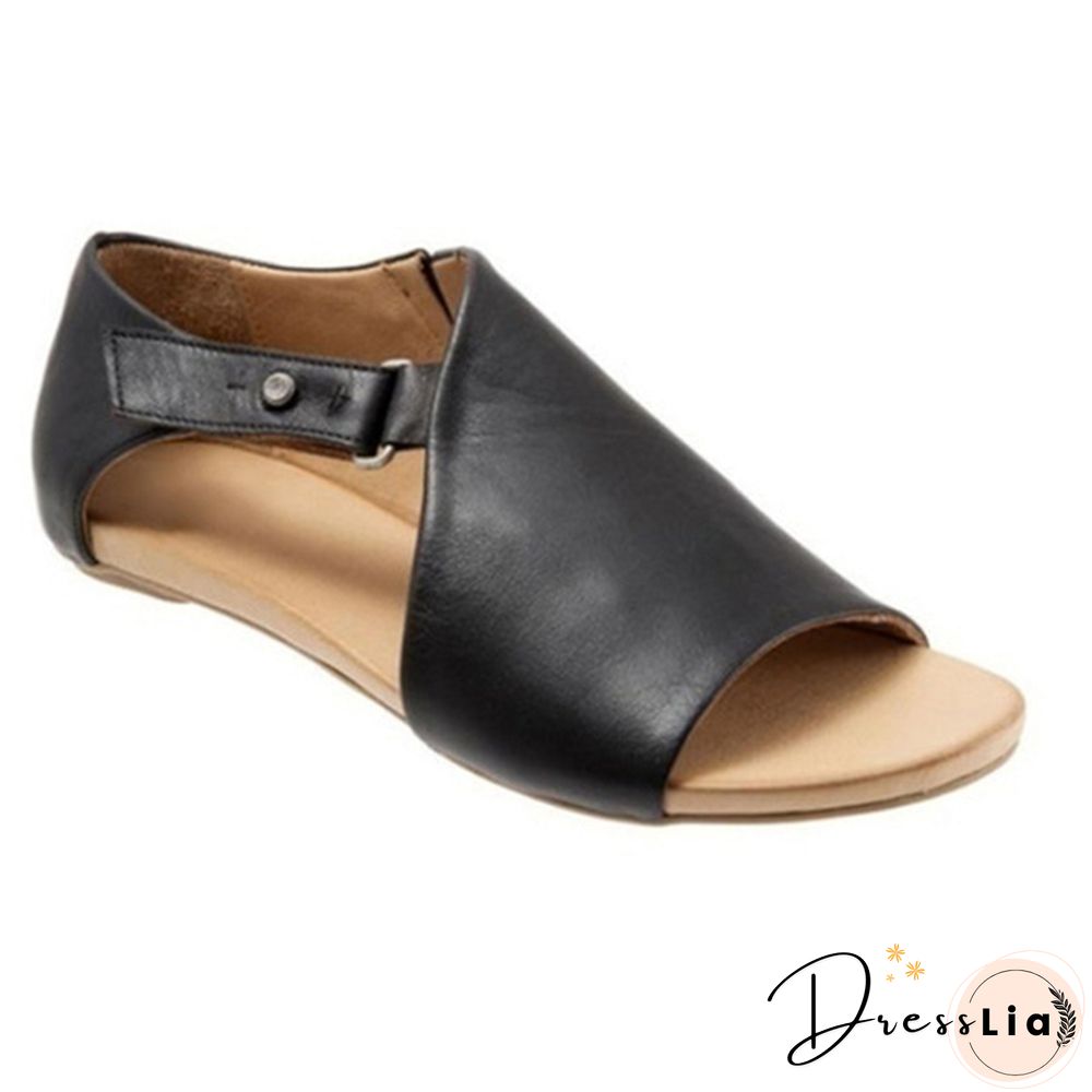 Plus Size Fashion Women's Leather Flat Sandals Buckle Strap Slippers Fish Mouth Shoes