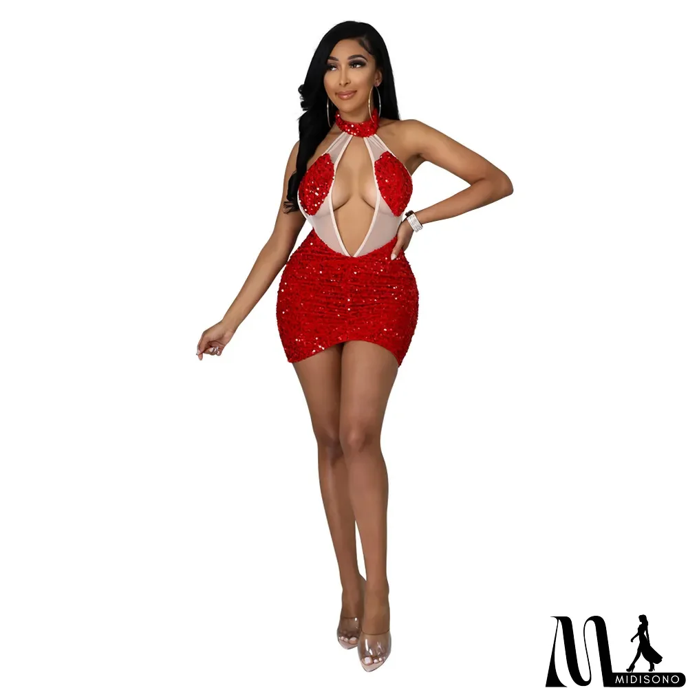 MidiSono - Hot Sale Hollow Fashion Sequin Sequin Halter Back Nightclub Dress