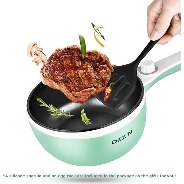 Dezin Electric Cooker Upgraded, Non-Stick Sauté Pan, 1.5L Mini Electric Fondue Pot for Cheese, Stir Fry, Roast, Steam with Power Adjustment, Perfect for Ramen, Steak (Egg Rack Included)