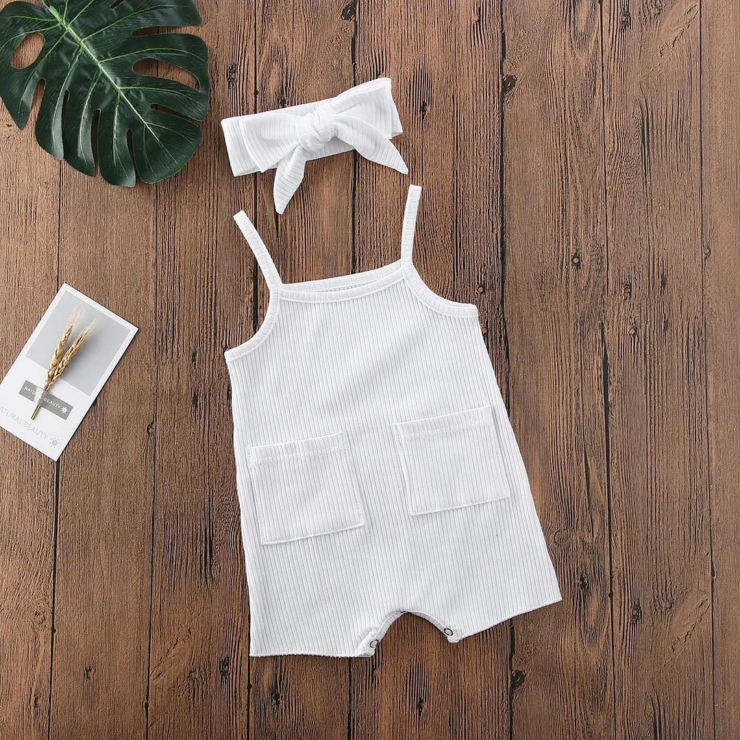 2020 Baby Summer Clothing Infant Newborn Baby Girls Boys Sleeveless Romper Ribbed Solid Pocket Jumpsuit With Headband