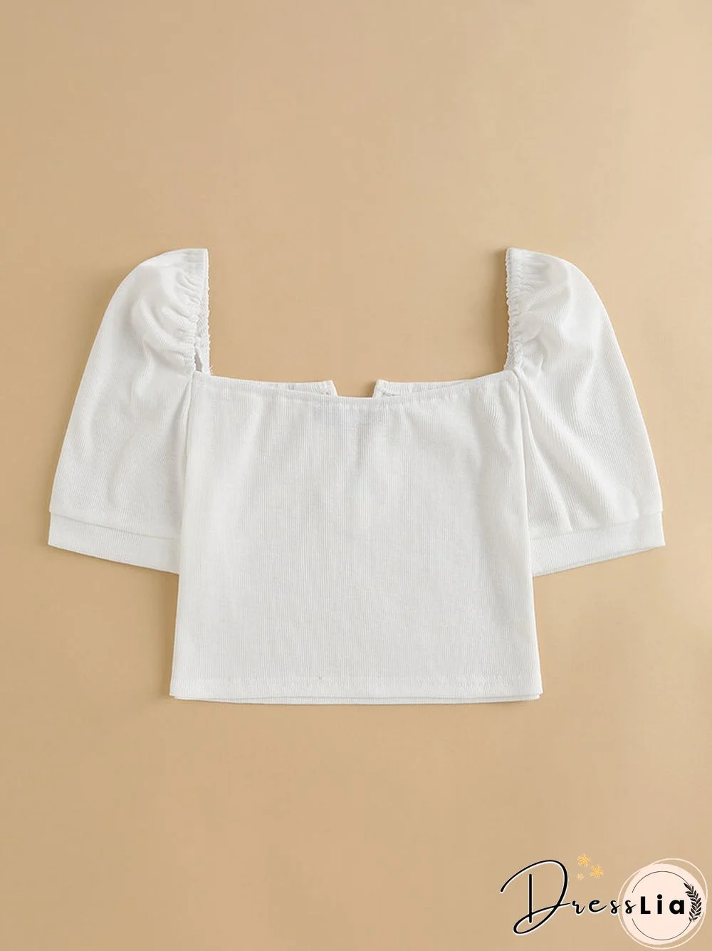 Solid Puff Short Sleeve Slit Square Collar Crop Top