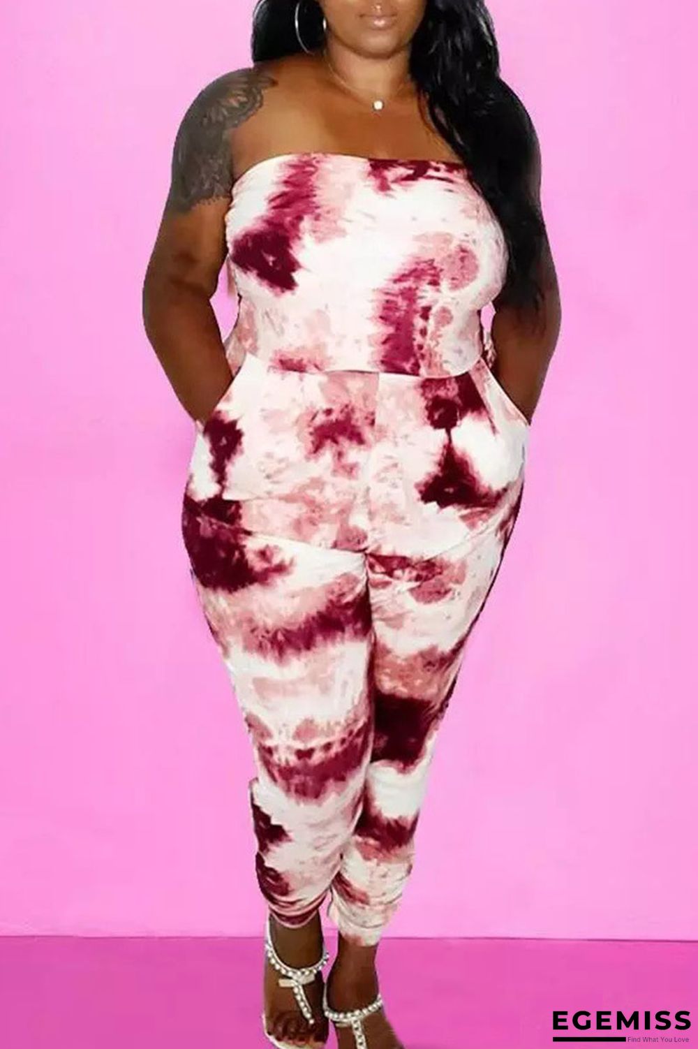 Red Casual Print Tie Dye Patchwork Strapless Regular Jumpsuits | EGEMISS