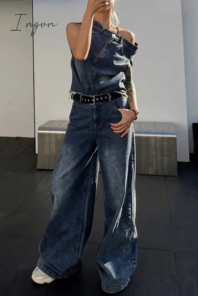 Ingvn - Casual Solid Patchwork Asymmetrical Sleeveless Two Pieces Blue / S Pieces/Two-Piece Pants