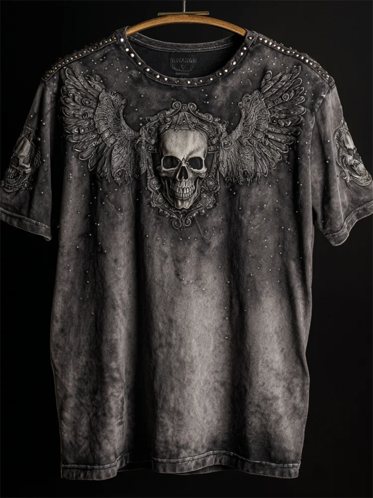 Rock Style Skull With Wings Studded Bleached T Shirt