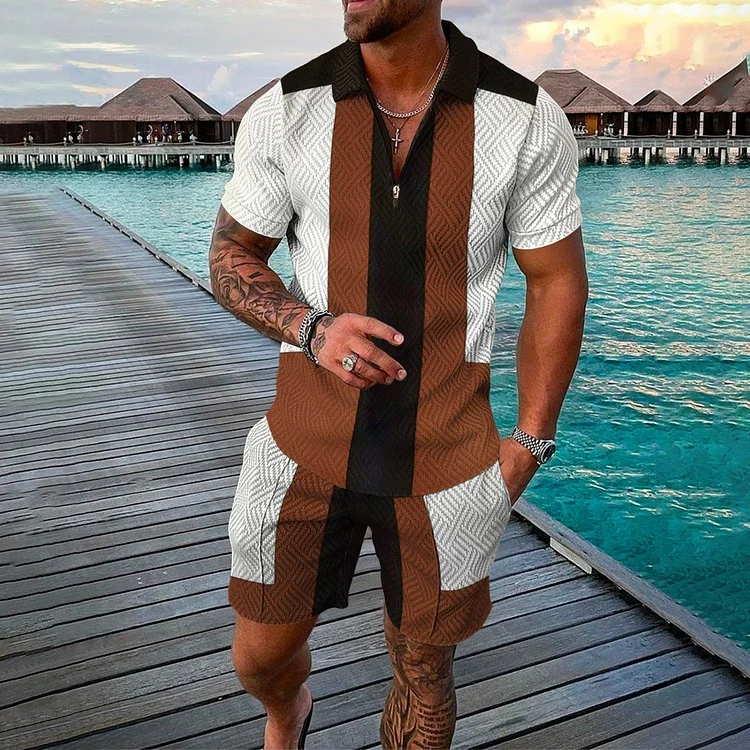 Broswear Fashion Coffee Color Contrast Polo Shirt And Shorts Co-Ord
