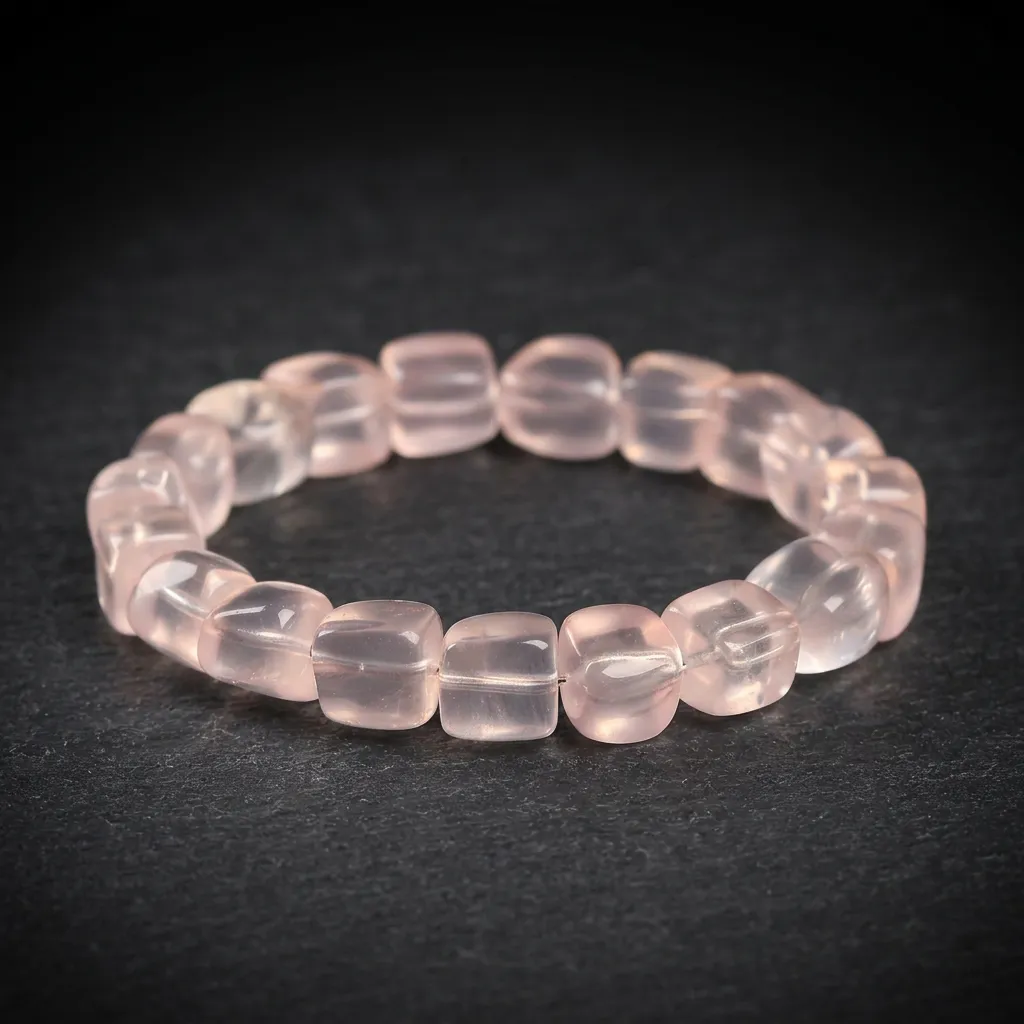 Luminous Rose Quartz Sugar Cube Bracelet Soft Blush Rose Quartz-Classic Bean (9*10mm)