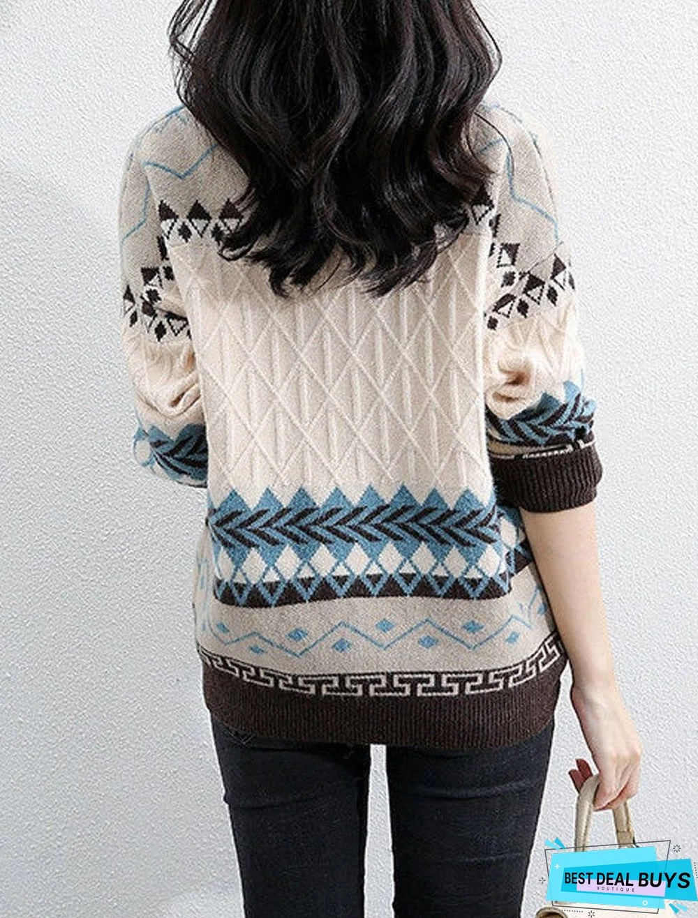 Fall/Winter Round Neck Retro Color Block Knitted Sweater