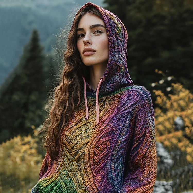 Women's Irish Rainbow Pattern Jacquard Pocket Cozy Hooded Sweater