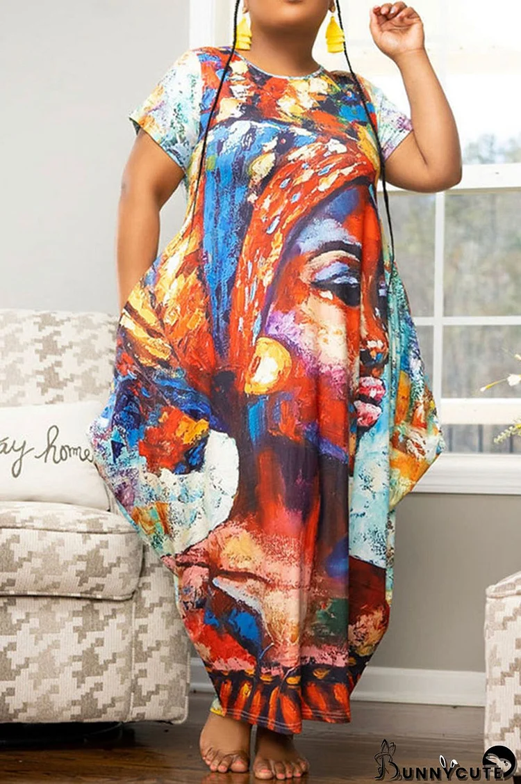 Colour Casual Print Patchwork O Neck Plus Size Dresses