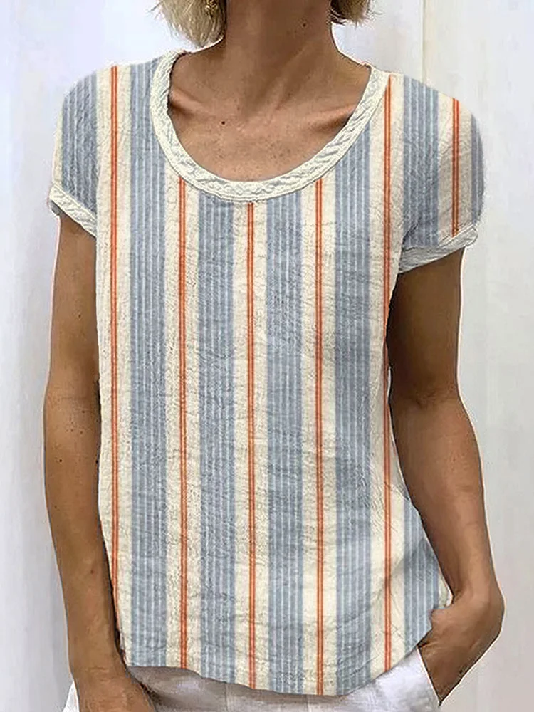 Simpfit Vintage Gestreiftes Damen Nachahmung aus Baumwolle und Leinen T-Shirt