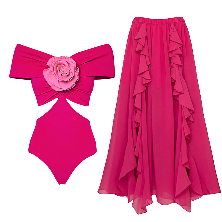 3D Flower Color Block Swimsuit and Skirt Flaxmaker