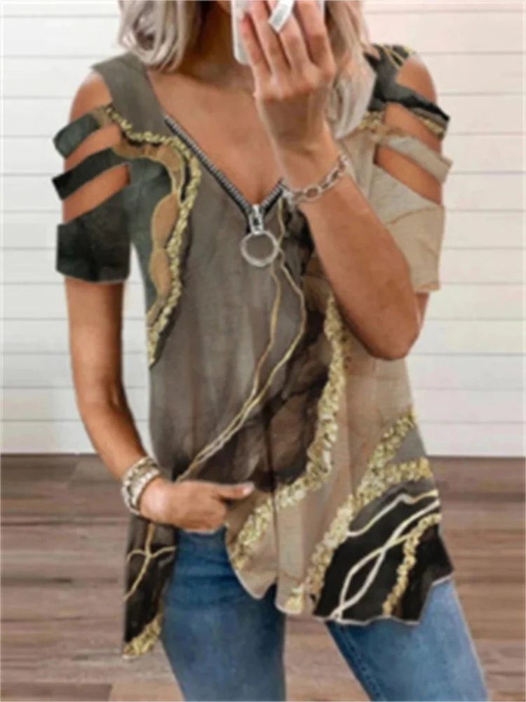 Marble Inspired Glitter Art Hollow Shoulder T Shirt