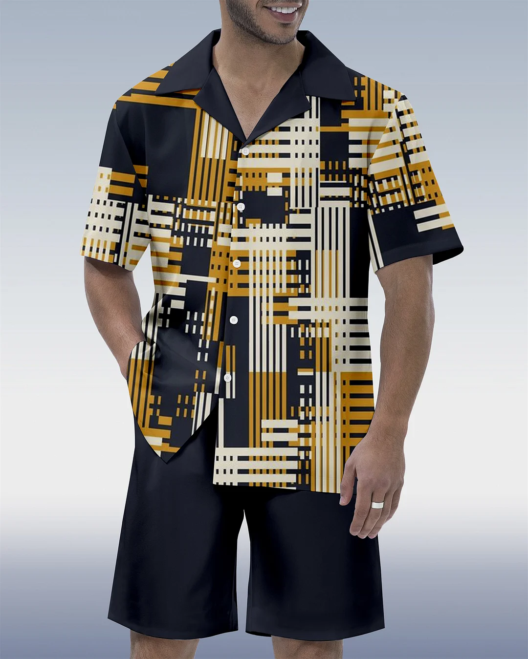 Men's Vacation Bowling Cuban Collar Short Sleeve Shirt Set 064