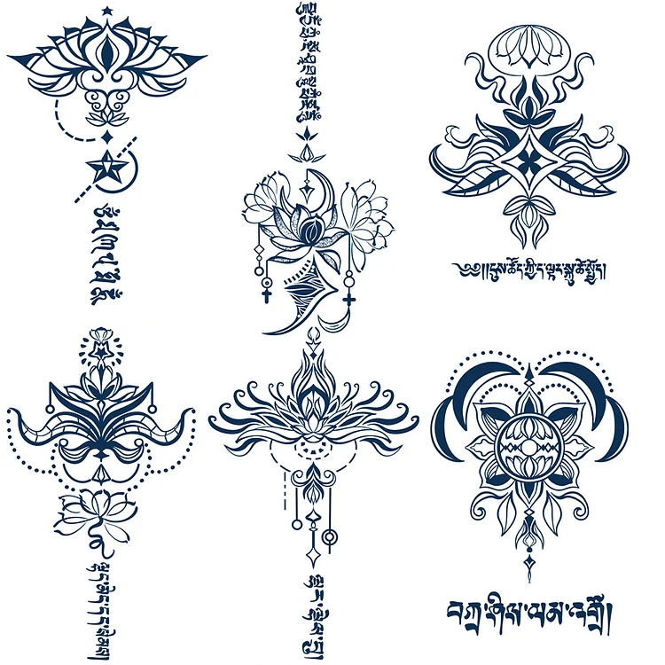 6PCS Half Arm Sleeve Lotus Sanskrit Semi-Permanent Tattoos for Adults 16x11cm