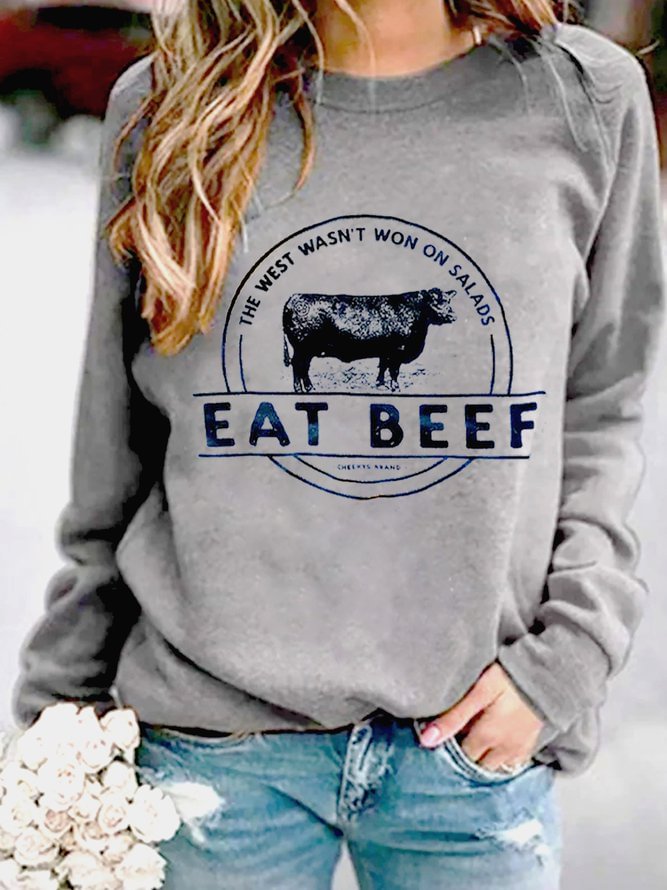 Gray Crew Neck Casual Printed Animal Sweatshirt Zaesvini