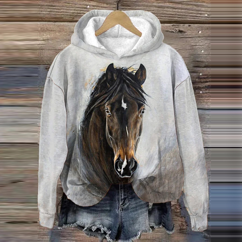  Women's Oil Painting Horses Print Casual Hoodie Westsshops
