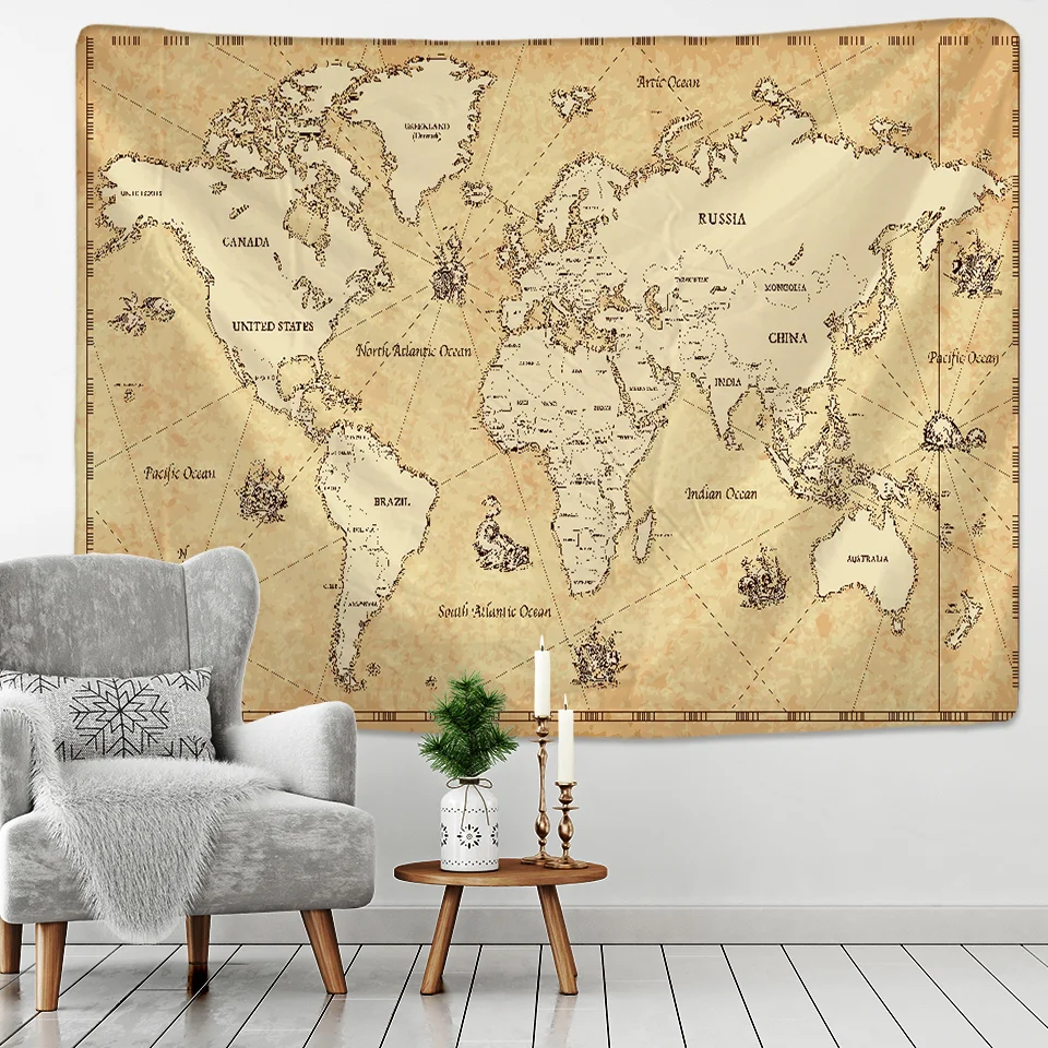 Nigikala World Map 3D Print Fabric Geometric Colorful Compass Wall Hanging Tapestry Retro Oil Painting Pirate Treasure Map