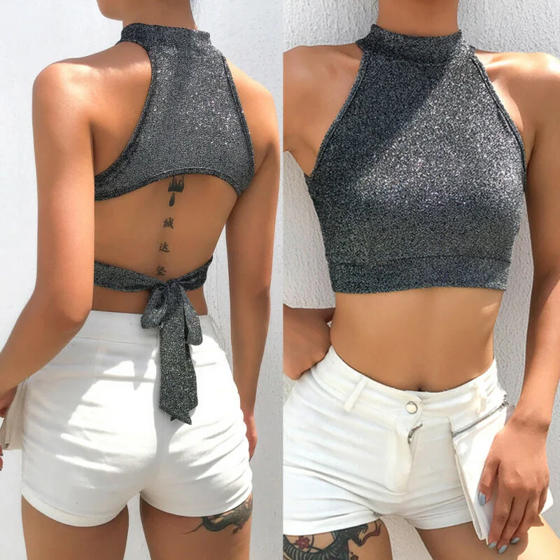 Hot Summer Women's Sleeveleess Sexy Backless Off-shoulder Tube Crop Tops Strapless Hollow-out Hang Neck Bow Tank Vest Top