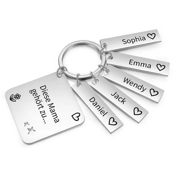 Personalisierte 5 Namen & Text Familie Quadrat Schlüsselanhänger