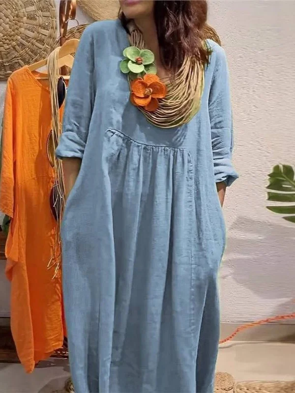 Athvotar Athvotar Spring And Summer Women's V-Neck Casual Solid Cotton Pocket Dress