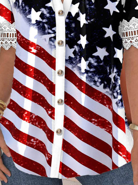 Women Short Sleeve V-neck Striped Star Printed Graphic Lace Hollow Stitching Button Tops