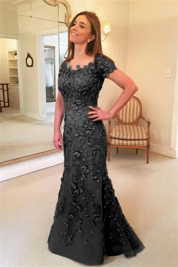 Daisda Scoop Neck Short Sleeves Long Mermaid Mother Of The Bride Dress With Appliques