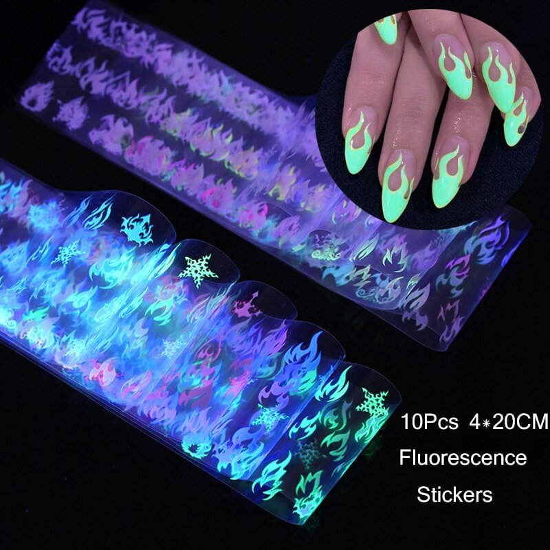 10PCS Colorful Fire Letters Pattern Nail Foil Fluorescence Nail Art Transfer Stickers Decals For Nails Decoration Accessories