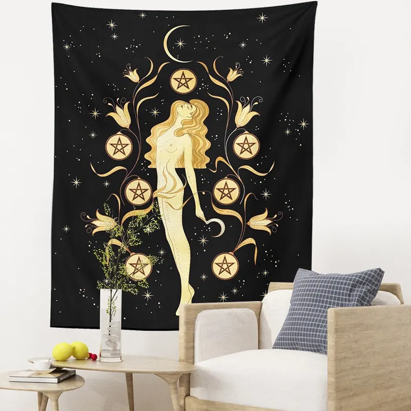 Sun and Moon Tapestry Moon girl Tarot Card Witchcraft Wall Hanging black Art Print Mural Background Tapestries for Bedroom Dorm