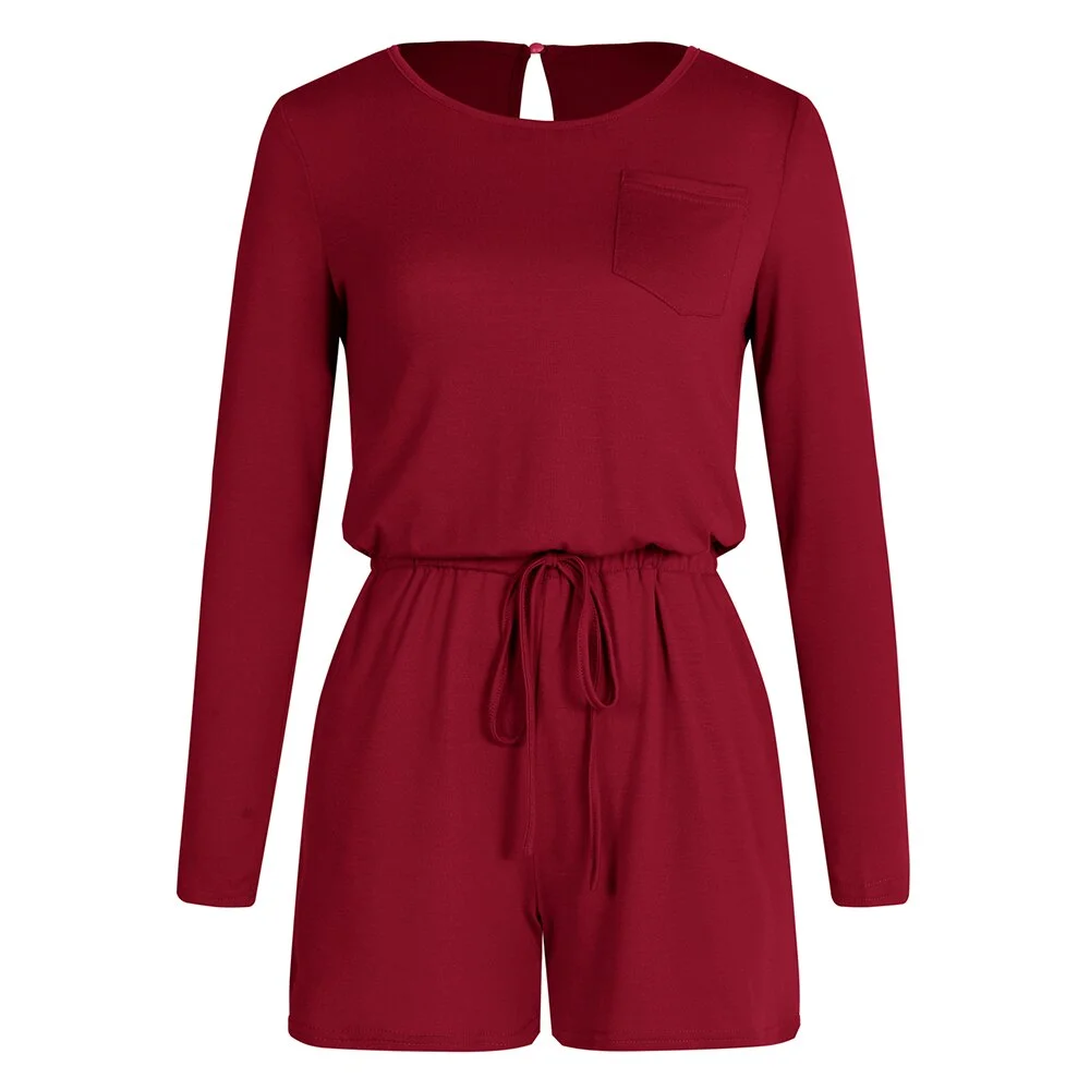 Sale Women Shorts Jumpsuit Playsuit Long Sleeve Solid Color Spring Autumn Ladies Rompers Round Neck Female Playsuit Romper D30