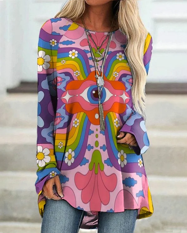 🔥kukelife🔥Hippie Crew Neck Colorful Print Long Sleeves Tunic