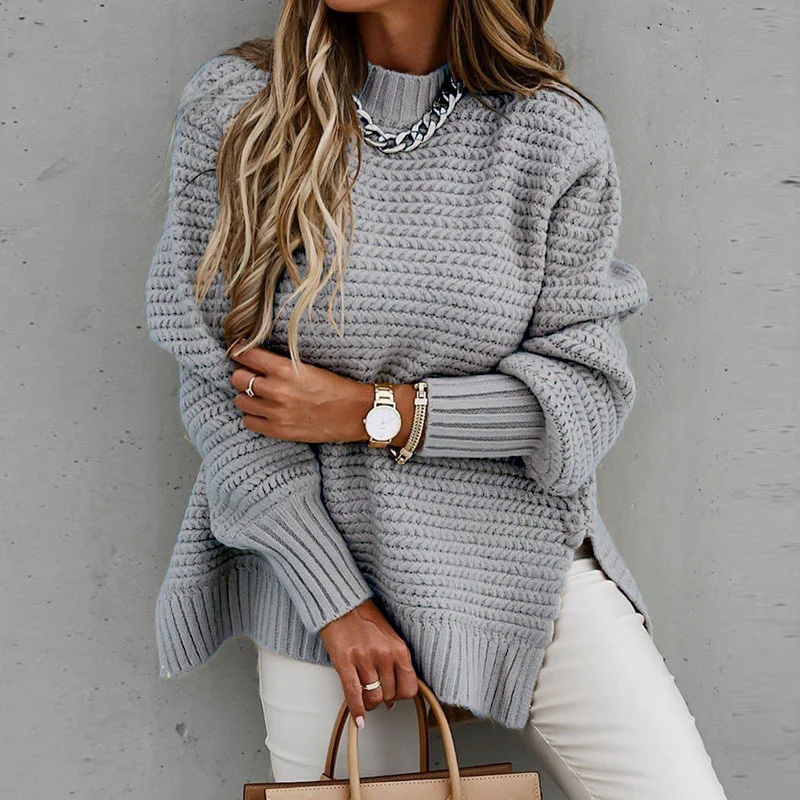 Athvotar Athvotar Autumn And Winter Half-High Collar Loose Solid Color Long-Sleeved Thick Needle Side Fork Knitting Sweater Woman