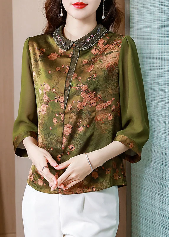 Fitted Green Peter Pan Collar Print Silk Blouse Tops Bracelet Sleeve