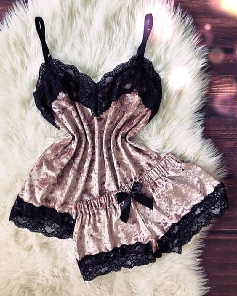 V-neck Lace Trim Cami Sets