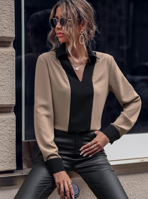 Mature Women V-neck Fashion Casual Top Long-sleeved Shirt