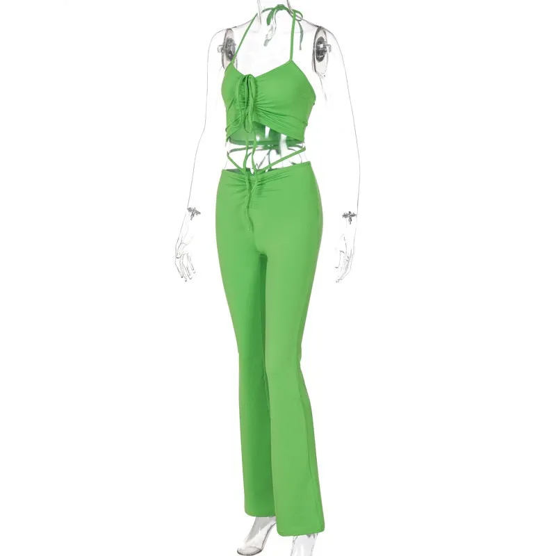 OrangeA women halter bandage v-neck sleeveless ruched tops sweatpants solid matching set sexy clubwear stretchy skinny bodycon