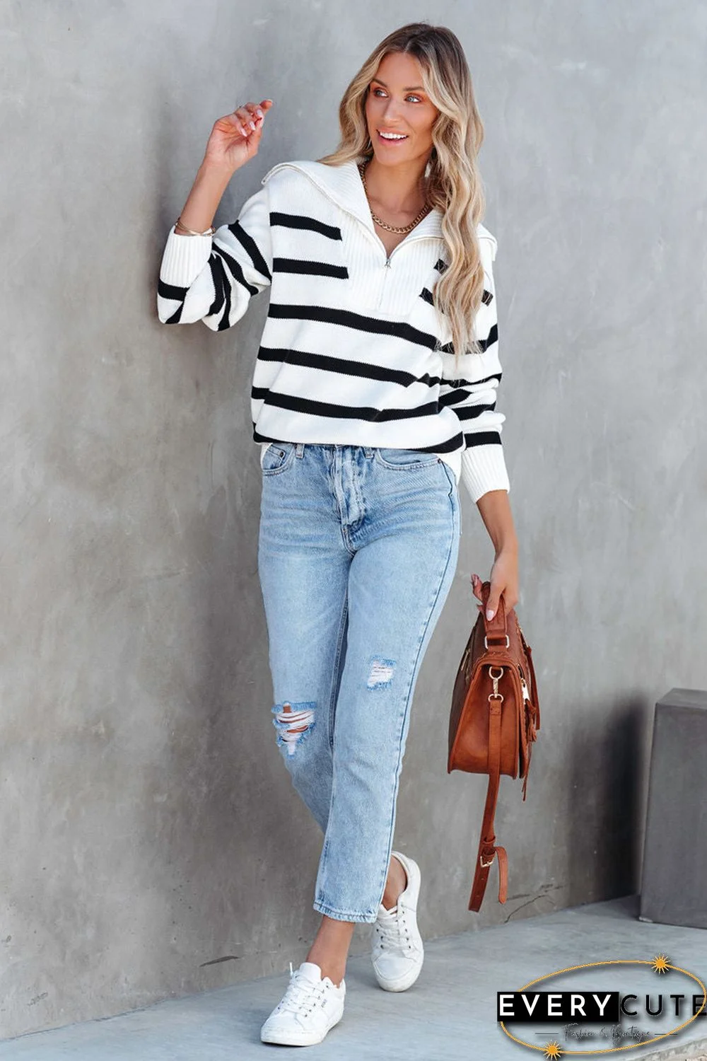 White Sailor Collar Striped Knit Pullover Sweater