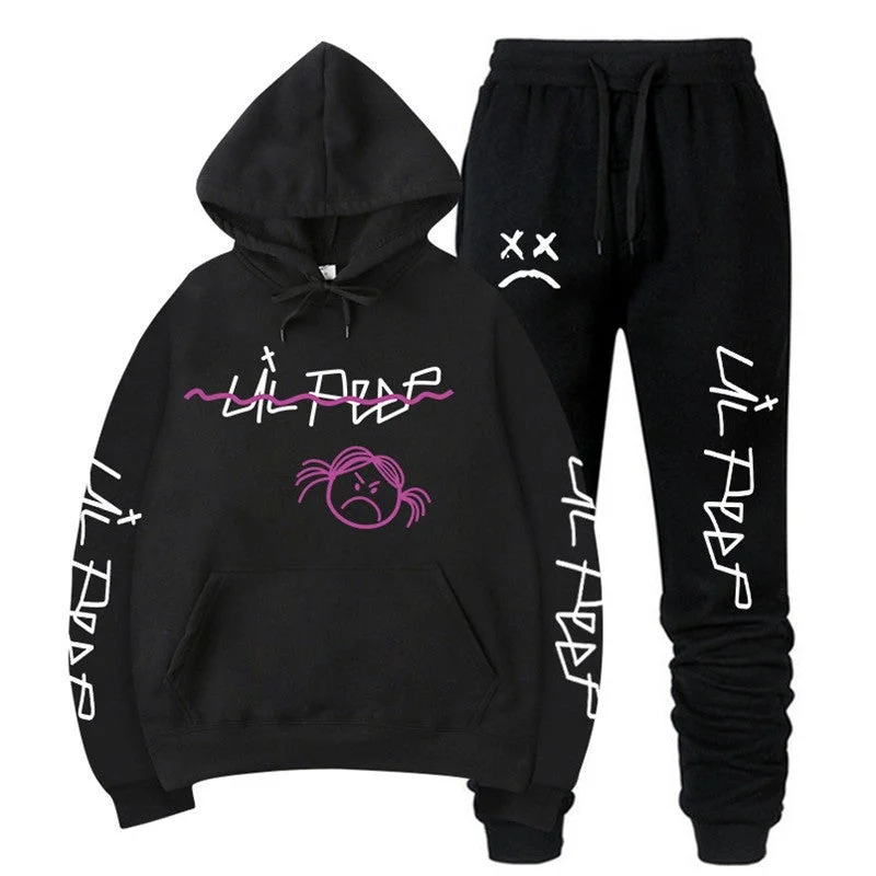 Unisex Rapper Lil Peep Hoodie Letters Floral Sweatshirt Pants Set