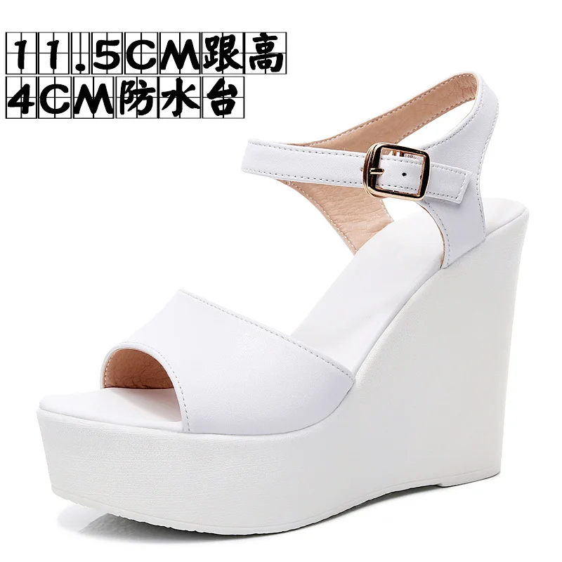 Breakj Breakj Layer Of Cow Skin Summer New Thick-Bottomed Beach 11CM Slopes And Women's Sandals High Heel Waterproof Table Comfortable Pine Pastry Fish Mouth Shoes