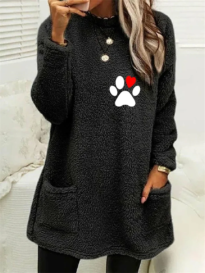 Women's new fall and winter loose long-sleeved red love footprint print double-sided velvet pocket round neck sweater | 168DEAL