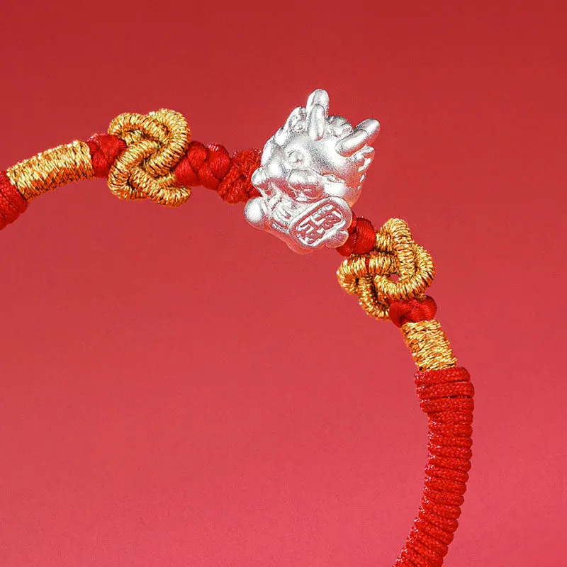 999 Sterling Silver Year of the Dragon Fu Character Attract Fortune Luck Handcrafted Braided Bracelet