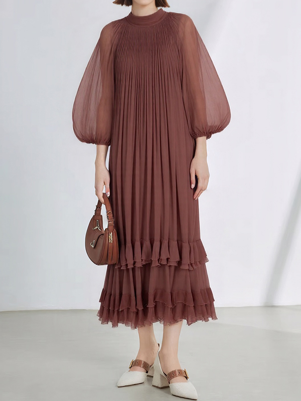 Loose Adjustable Ties Sleeve Ruffled Tiered Pleated Silk Maxi Dress
